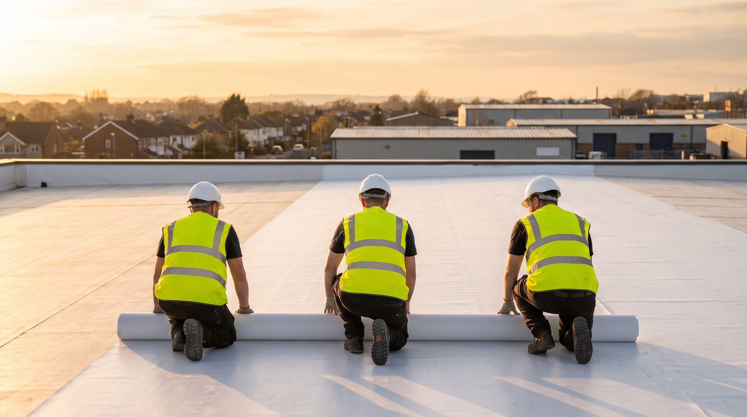 Illustration of roofers working on a commercial membrane roof